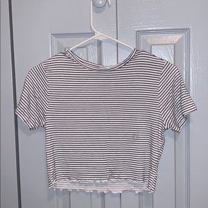 Black & white striped lettuce edged cropped tshirt